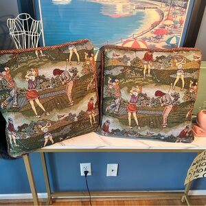 2 Tapestry woman golf print pillows